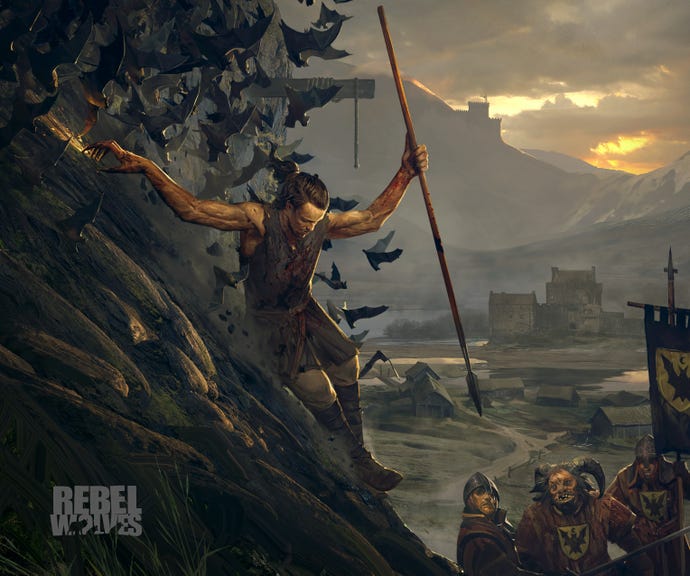 A spear-wielding vampire slids down a cliff towards surprised town guards in key art for the unnamed 'dark fantasy RPG' made by Rebel Wolves.