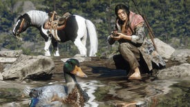 Red Dead Redemption 2 Online - A naturalist player crouches near the water holding a camera with a duck in the foreground while their horse waits in the background.