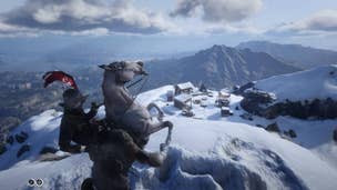 Arthur Morgan riding a horse in Red Dead Redemption 2 while wearing the Morion helmet.