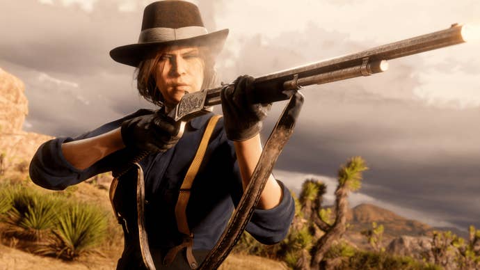 A female character in Red Dead Redemption 2 fires the varmint rifle.