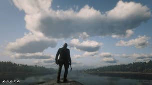 A Red Dead Redemption 2 character wearing the Viking helmet and holding the Viking axe by a river.