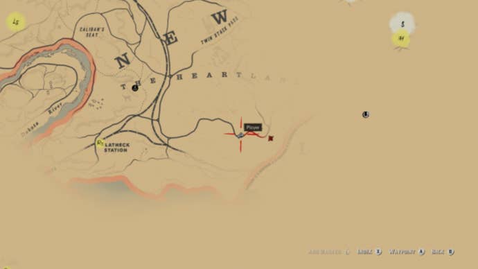 Карта, показывающая расположение Дерева Виски в Red Dead Redemption 2.