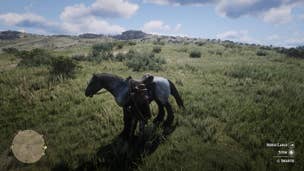 A player-controlled character in Red Dead Redemption 2 approaches his horse to stow away a pelt.