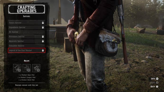 A Red Dead Redemption 2 menu showing crafting upgrades for the Satchel.