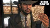 John Marston dressed in a smart suit to play High Stakes Poker at Blackwater, holding his cards up to his face