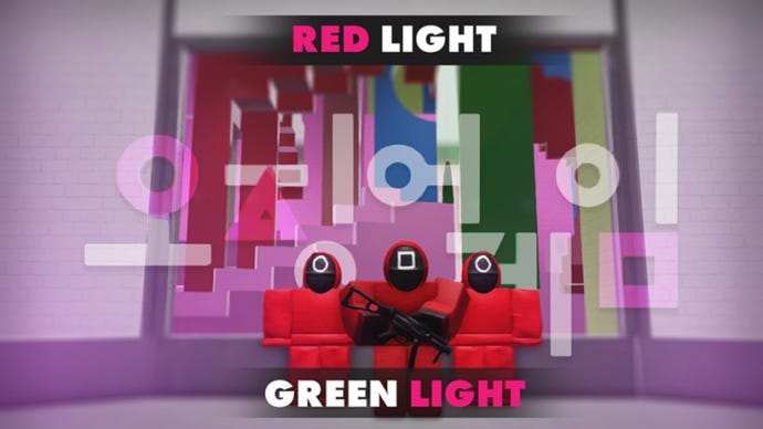 Three Roblox characters in Squid Game guard costumes stand against a garish multi-coloured background. Text in image reads "Red Light Green Light".