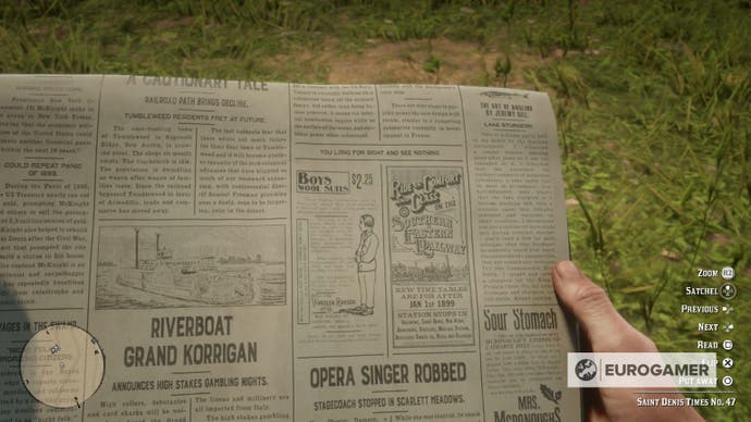 First person view of a newspaper with the 'You long for sight and see nothing' cheat printed on it.
