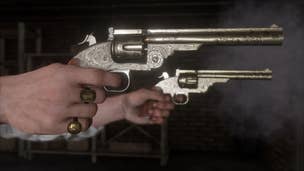 A Red Dead Redemption 2 character holding two silver pistols at the same time.