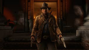 Red Dead Redemption 2 main character Arthur Morgan walks out of a burning building holding two pistols.