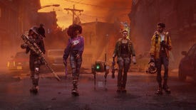 The cast of Redfall walk through an abandoned street with their robot pal.