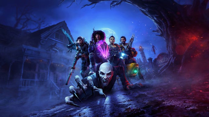 Key art for Redfall, showing a vampire crawling on the ground towards the camera while four heroes wield weapons and magic in a pose behind it.