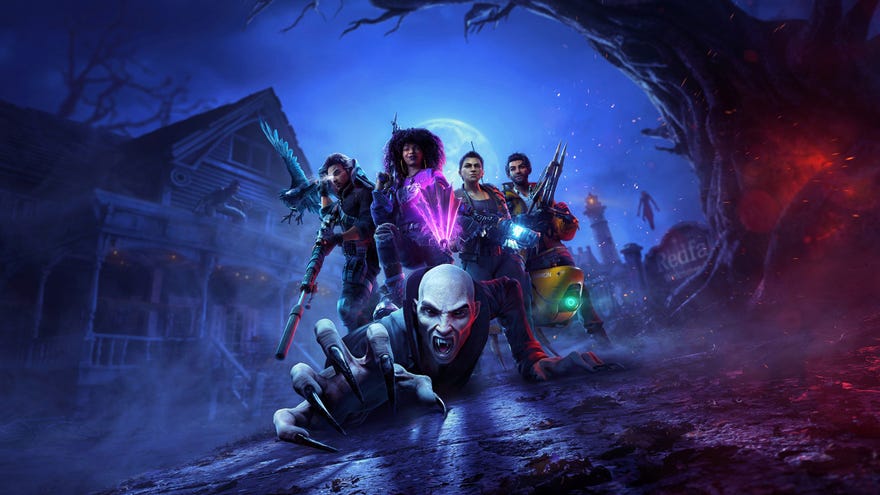 Key art for Redfall, showing a vampire crawling on the ground towards the camera while four heroes wield weapons and magic in a pose behind it.