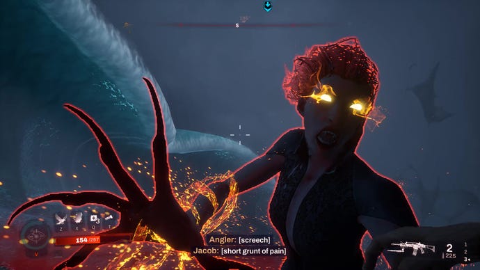 A screenshot from Redfall which shows a red-haired vampire with flaming eyes in Redfall pulling you into her grasp.