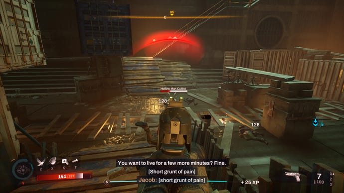 A screenshot from Redfall which shows the player shooting some cultists with a big pistol.