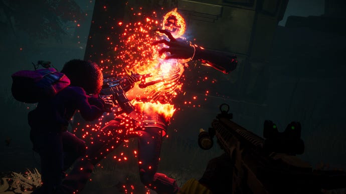 A screenshot from Redfall, which shows Layla driving a stake into a vampire and sizzling them on impact.