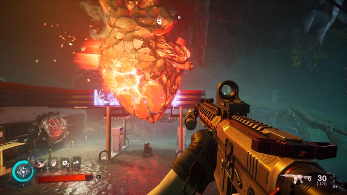 A screenshot from Redfall which shows the player looking at a huge, glowing heart.