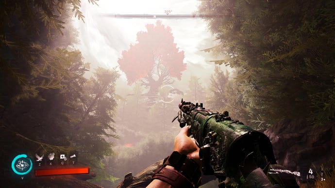A screenshot from Redfall which shows the player looking out at a large, red tree.
