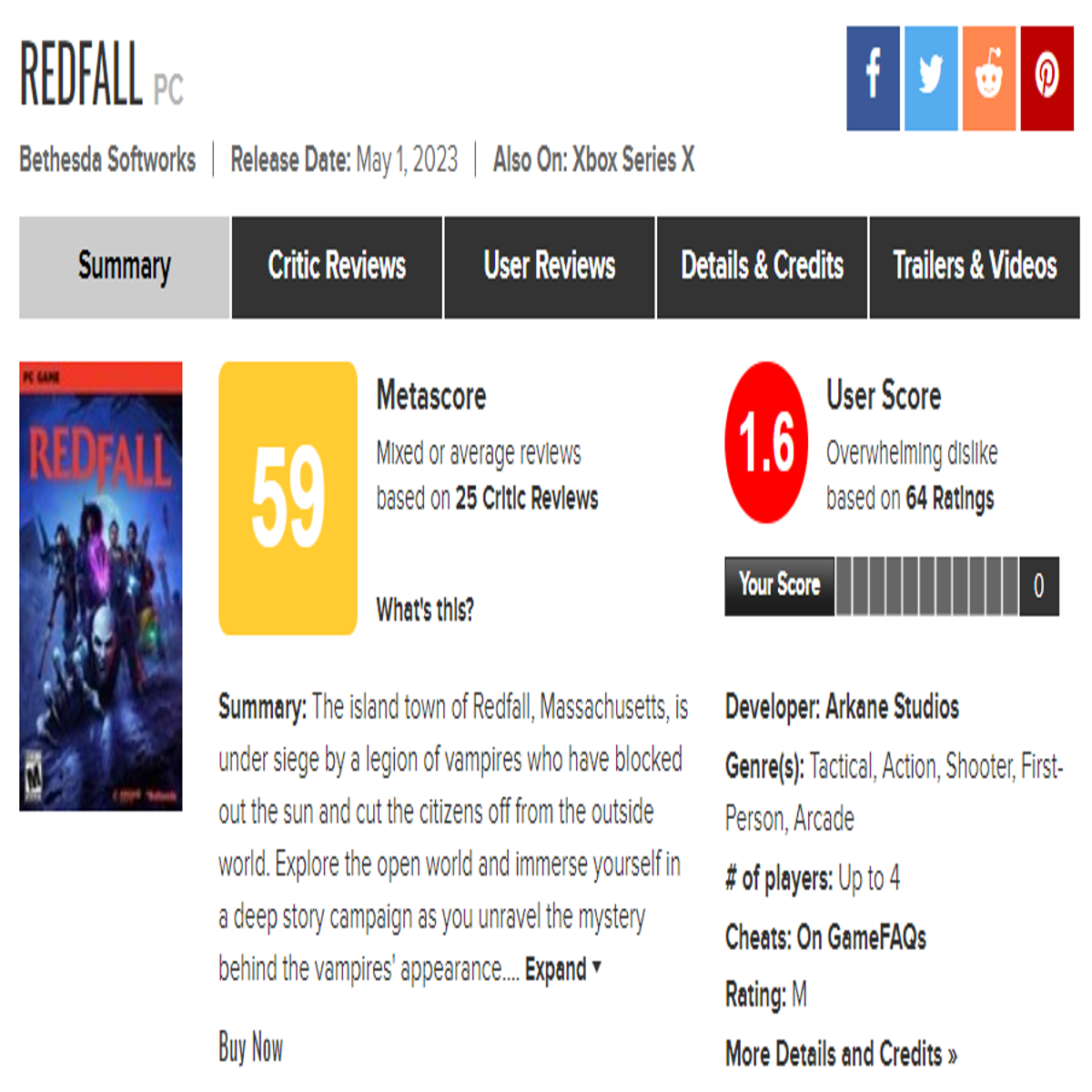 Redfall apresenta queda considerável no Metacritic