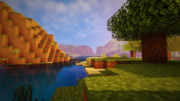 Een schot van een Minecraft -landschap van dichtbij de grond