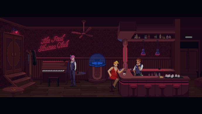 A scene from The Red Strings Club, as Larissa (a blonde woman in a red dress) orders a drink