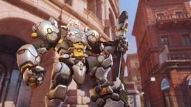Overwatch 2's Reinhardt standing proud with a leg on his hammer.