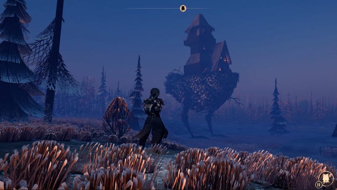 A screenshot from Reka shows a young girl approaching a chicken-legged house.