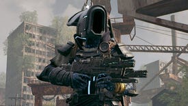 The hidden Archon class in Remnant 2 poses with a gun in front of an urban backdrop