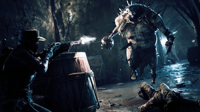A player hunkers behind a barrel and aims a rifle at a menacing baddie in Remnant 2.