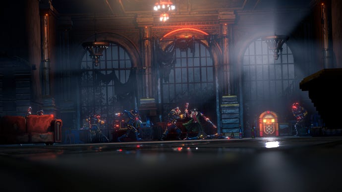 A man battles blue armoured guards in a run down mansion in Replaced