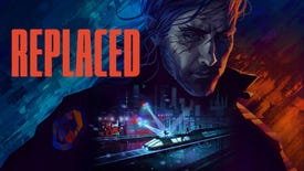 Artwork for Sad Cat Studio's new game Replaced, showing a moody looking man and a highspeed train shootout