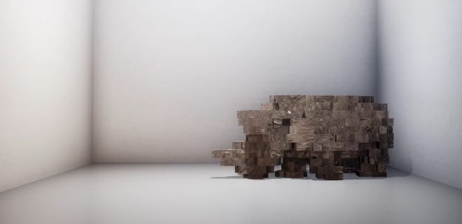 A still image of a computer generated rhinocerous in a corner of a white room - The Substitute