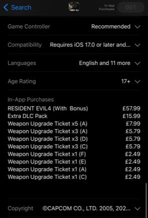 Listado de precios de Resident Evil 4 en iOS