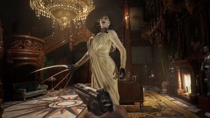 Lady Dimitrescu towers above the player in a grand hallways in Resident Evil Village