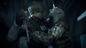 A screenshot from the Resident Evil 2 remake showing Leon S. Kennedy wielding a knife as he tussles with a zombie.