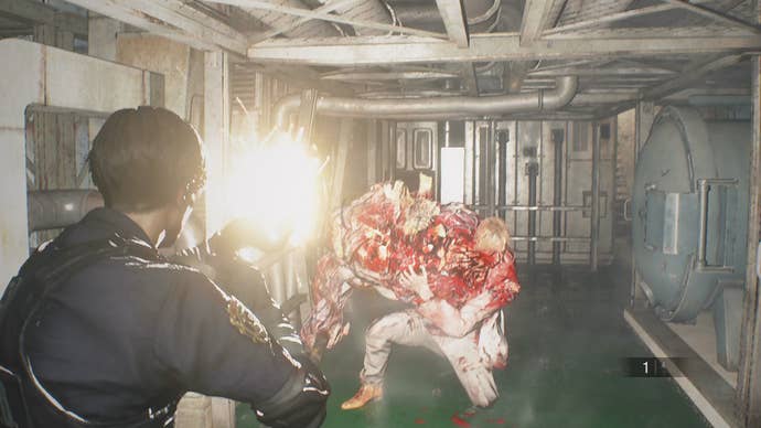 In Resident Evil 2 Remake, Leon Kennedy encounters a shambling undead monster in an industrial basement.