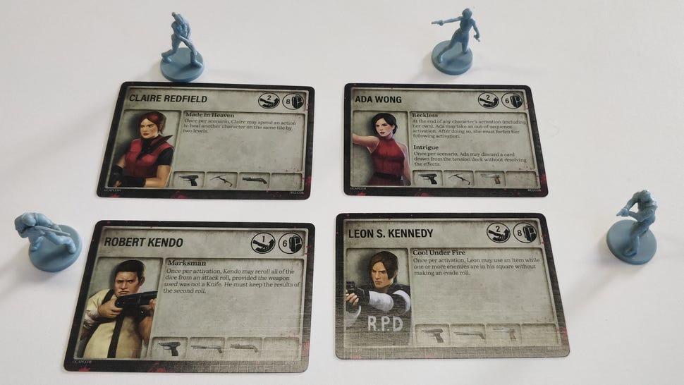 Character cards and miniatures for Resident Evil 2: The Board Game.