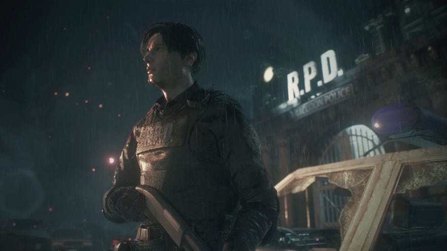 Leon holds a shotgun in Resident Evil 2