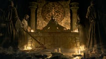 Resident Evil 4 remake review - inside a gothic room with candles on the floor and cloaked enemies