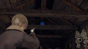 A blue medallion in the rafters of a shed in Resident Evil 4.