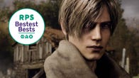 A close-up of Leon Kennedy in the Resident Evil 4 remake, with the RPS Bestest Best logo in the corner