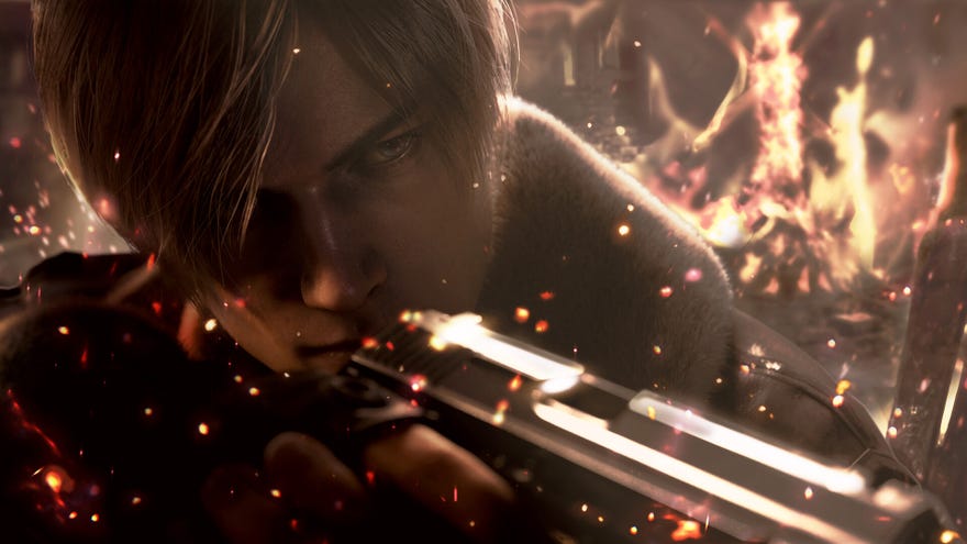 A close-up on Leon Kennedy's face in the Resident Evil 4 remake. He holds a gun and is backlit by flames.