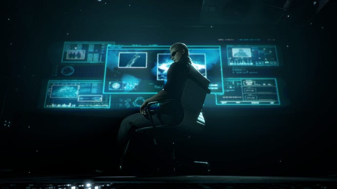 Albert Wesker sitzt auf einem Stuhl, der von leuchtend blauen Bildschirmen in der Kunst für den Separate Ways DLC von Resident Evil 4 Remake beleuchtet wird