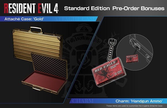 Resident Evil 4 Standard Edition Pre-Order Bonuses on Steam, showing the gold attaché case and handgun ammo weapon charm.