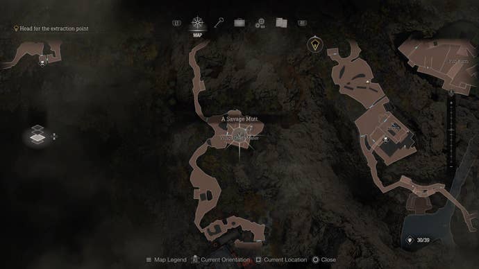 A map screenshot of the first location of the Savage Mutt in Resident Evil 4
