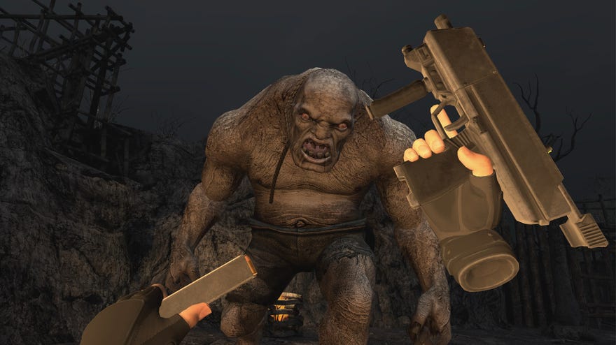 Resident Evil 4 VR - The player's disembodied VR hands are in the middle of reloading a gun as the El Gigante  boss approaches.