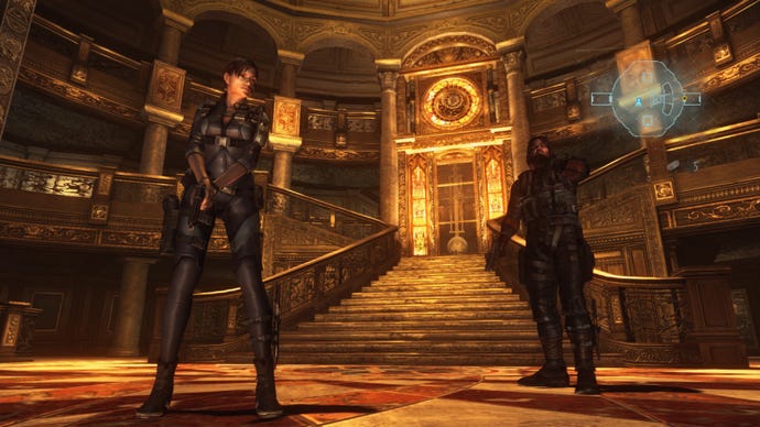 Zwei Charaktere stehen in einem Herrenhaus in Resident Evil: Revelations