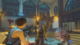 Jill, Leon, Jack, and a horrible fleshlump in a Resident Evil Re:Verse screenshot.
