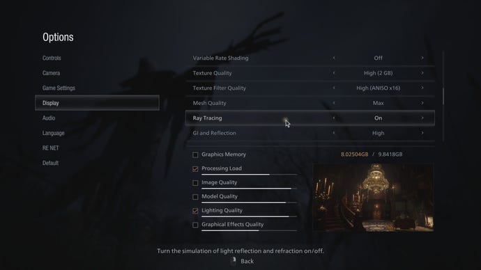 A screenshot of Resident Evil Village's graphics settings menu