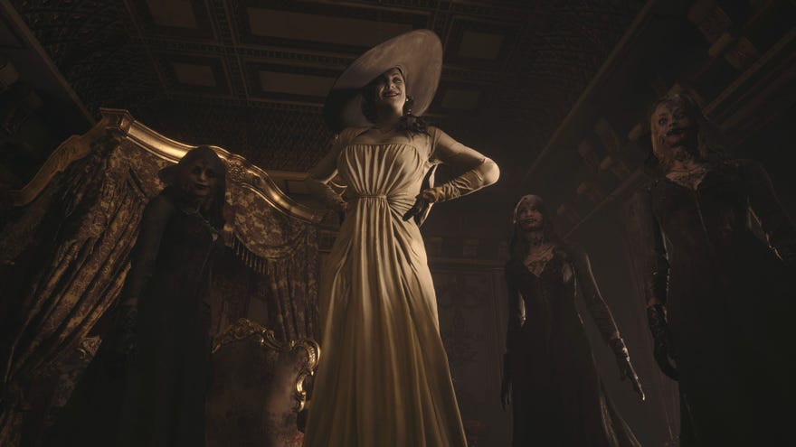 Lady Dimitrescu and her three daughters in a Resident Evil Village screenshot.