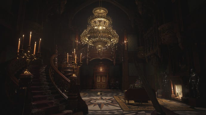 A screenshot of Castle Dimitrescu's interior on Resident Evil Village's Balanced preset